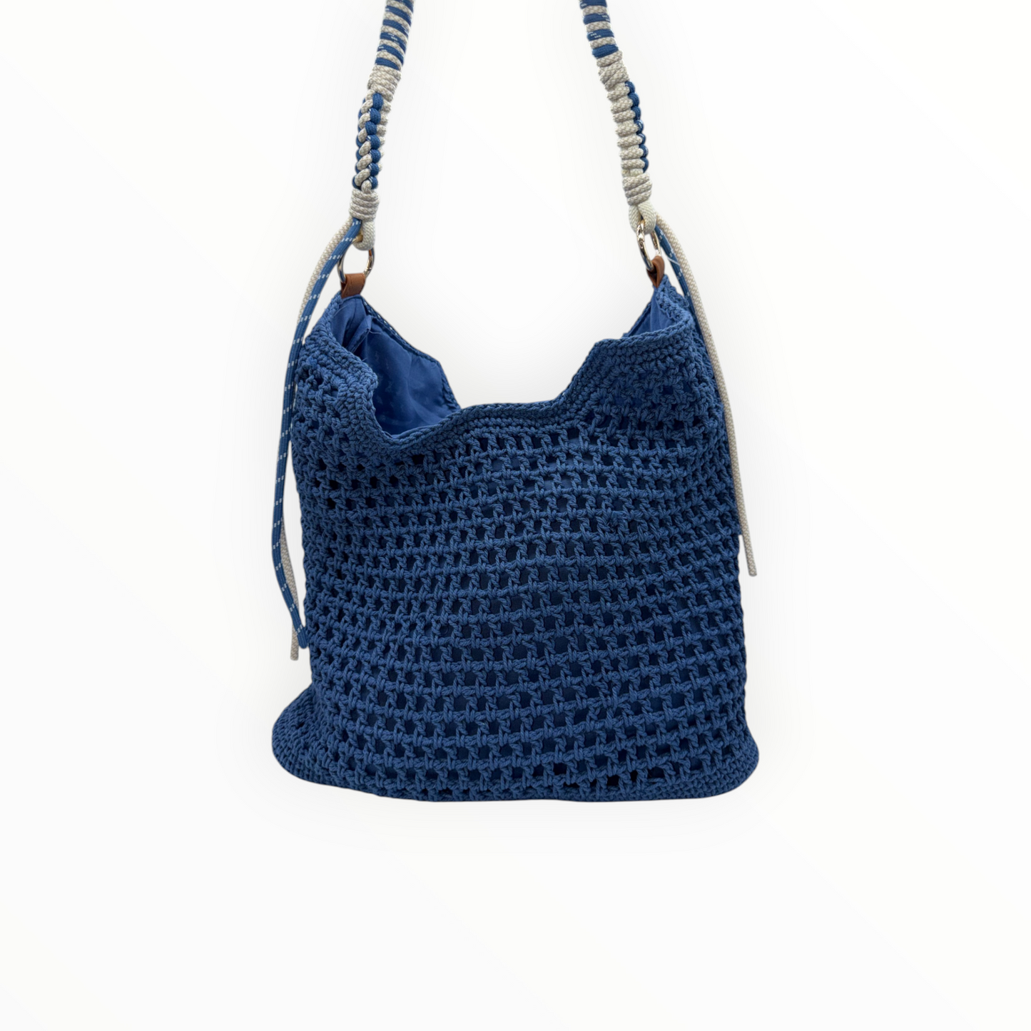 Bolso Hobo de Crochet Azul Marino con Asa Trenzada y Cremallera