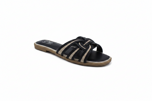 Sandalias Planas Negras con Tiras de Tejido Trenzado y Nudo