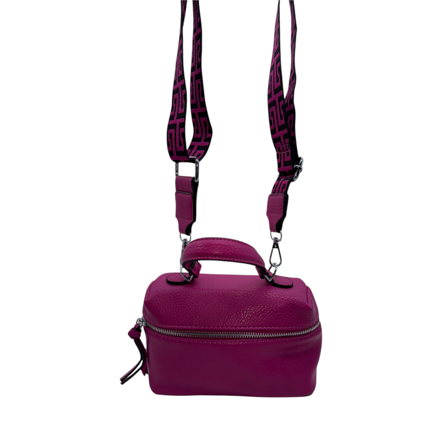 Mini Bolso Estilo Caja Fucsia Vibrante con Correa Ancha Estampada | Atrevido y Funcional
