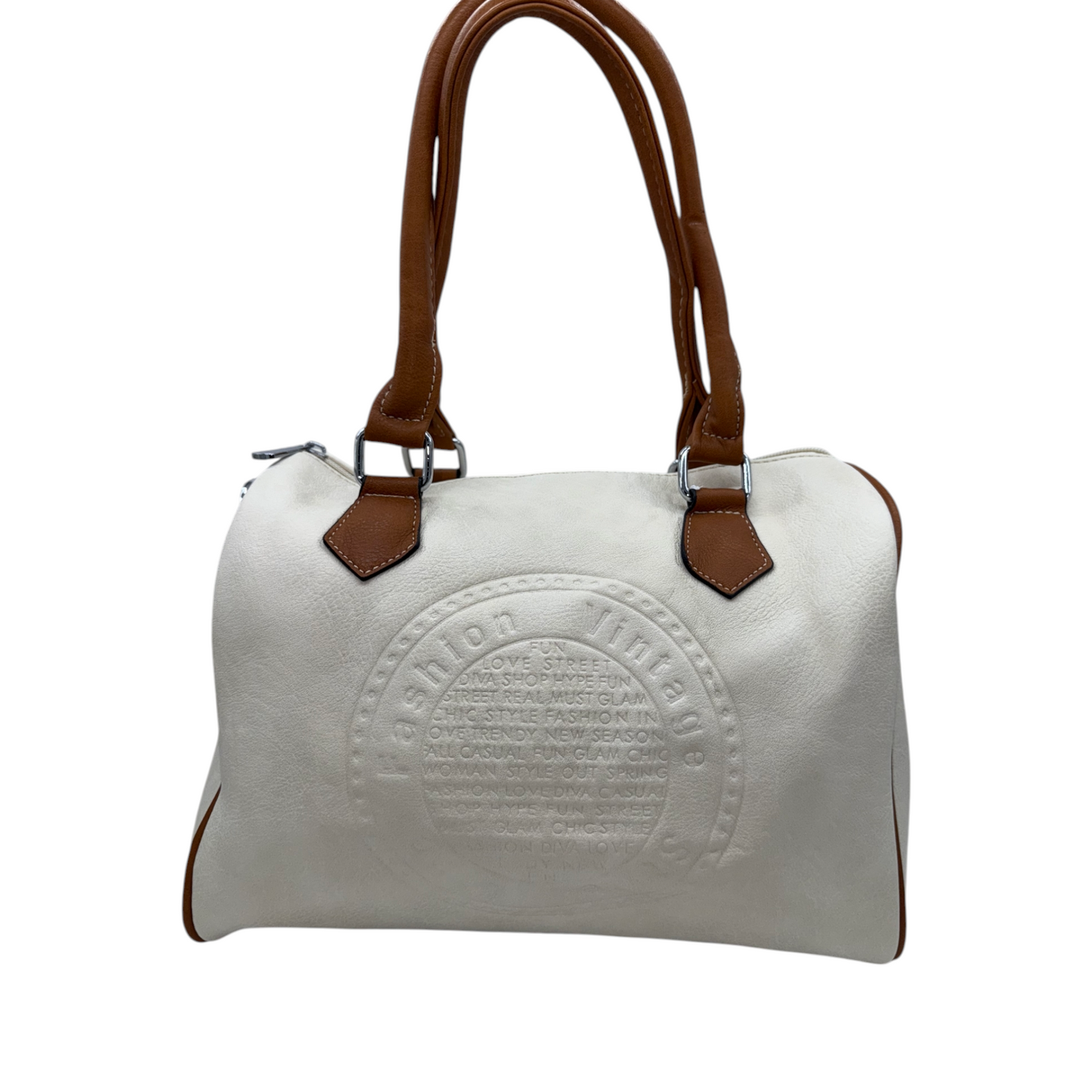 Bolso Estilo Bowling Crema con Detalles Marrones y Relieve | Elegancia Clásica y Versátil