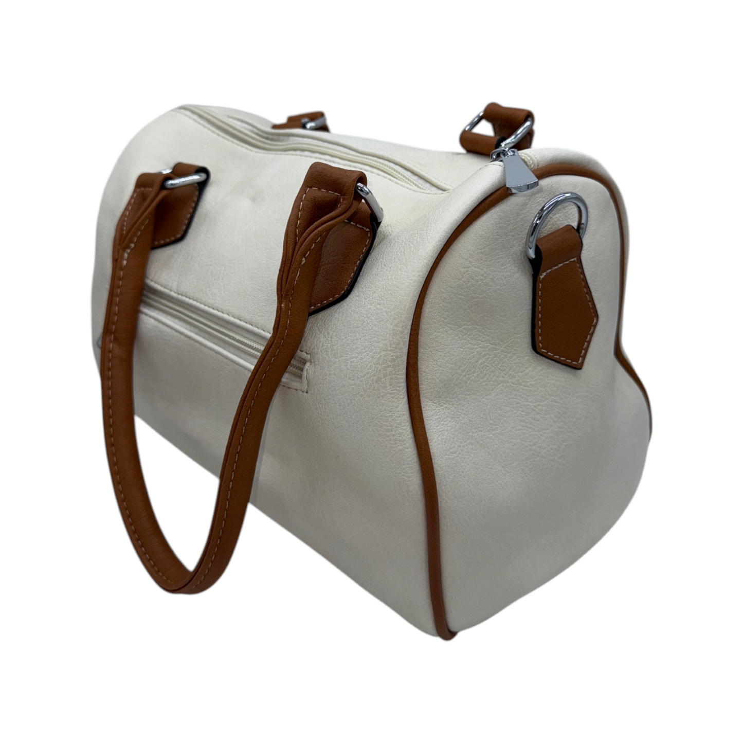 Bolso Estilo Bowling Crema con Detalles Marrones y Relieve | Elegancia Clásica y Versátil