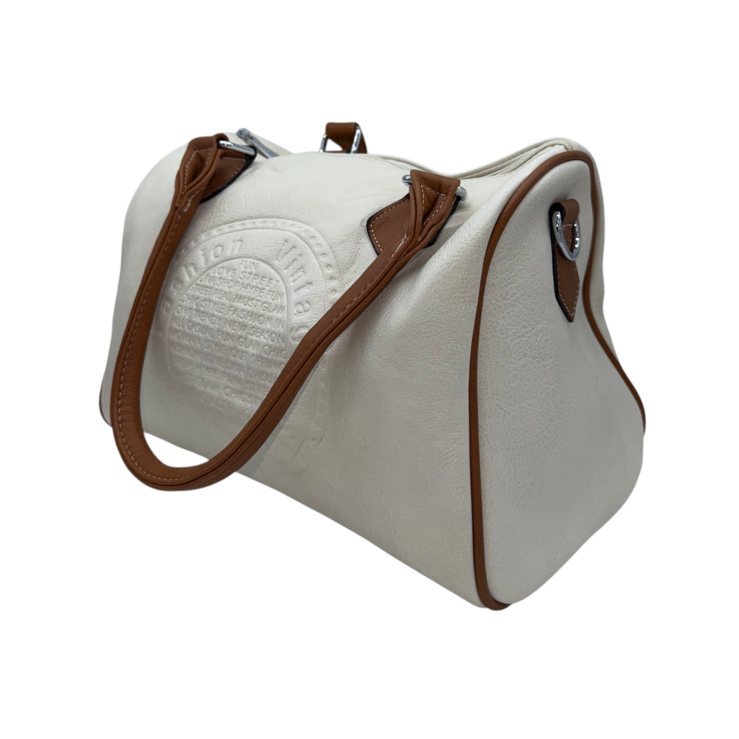 Bolso Estilo Bowling Crema con Detalles Marrones y Relieve | Elegancia Clásica y Versátil