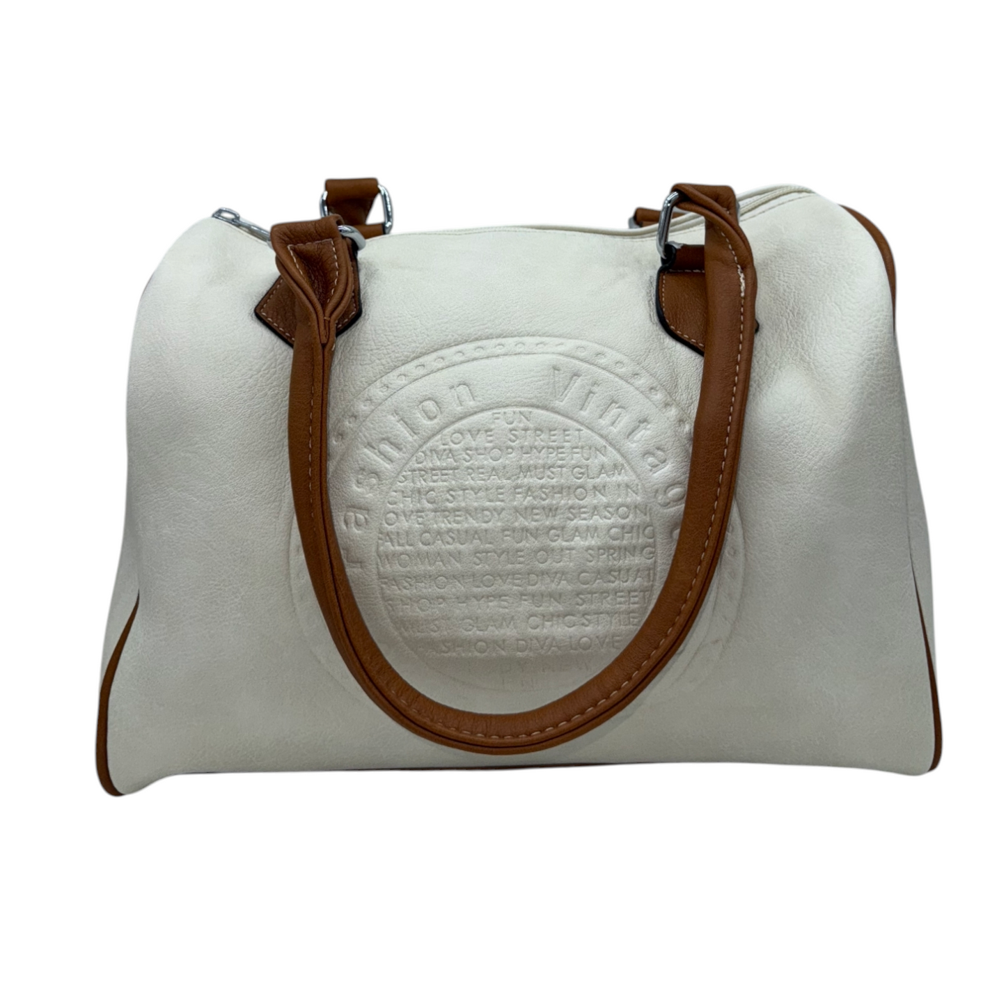 Bolso Estilo Bowling Crema con Detalles Marrones y Relieve | Elegancia Clásica y Versátil