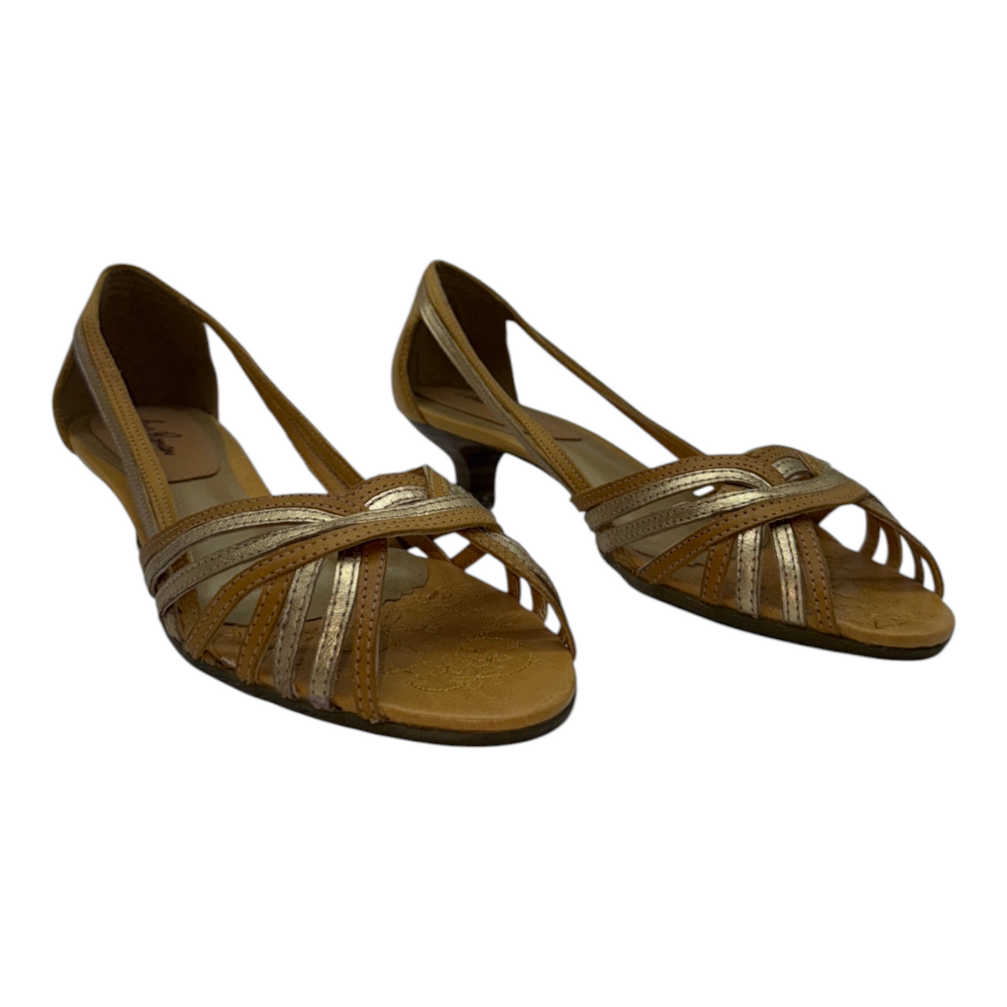 Sandalias de Fiesta con Tiras Cruzadas en Dorado y Marrón - Elegancia Clásica con Tacón Bajo