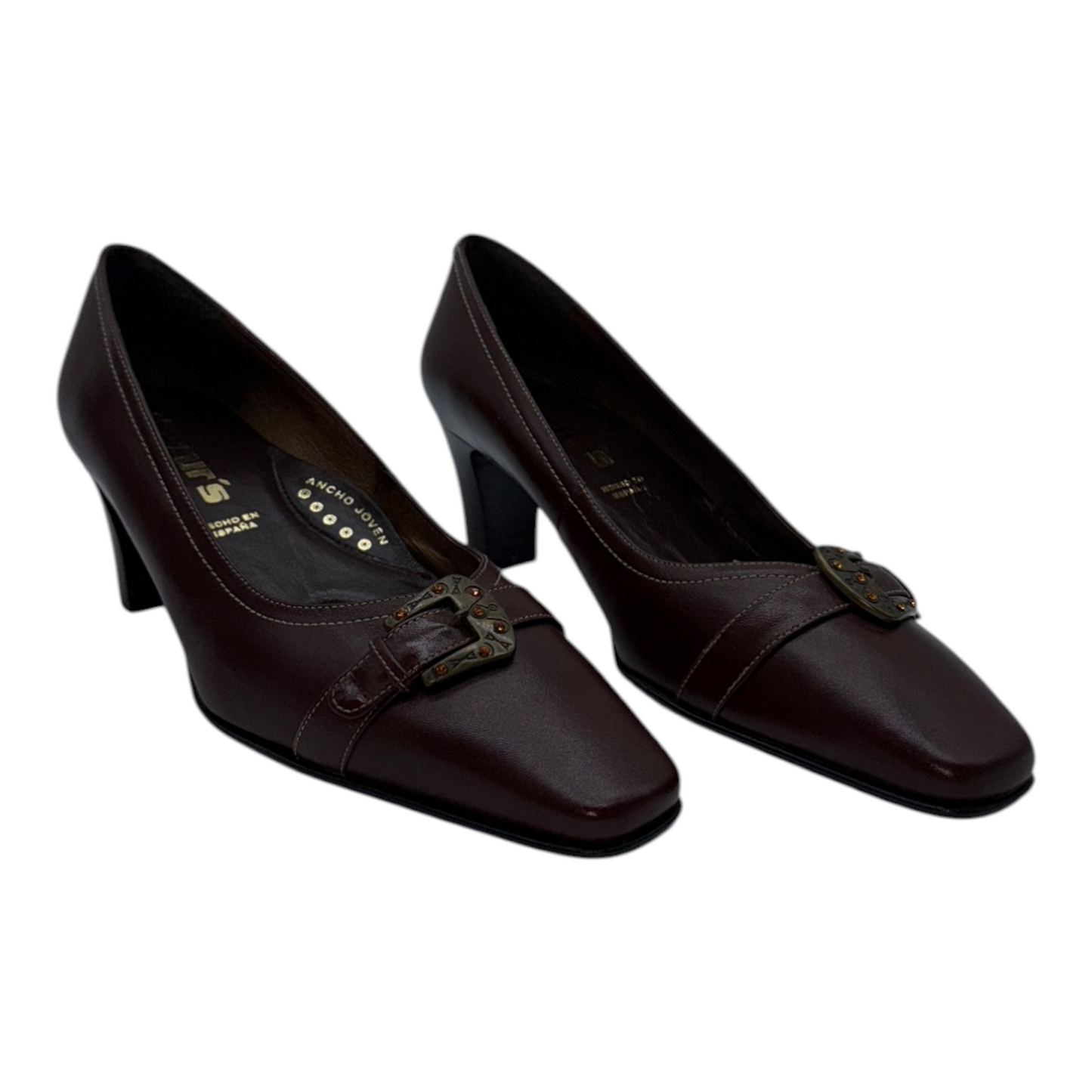 Zapatos de Tacón Bajo de Piel Burdeos con Hebilla Decorativa - Elegancia Clásica