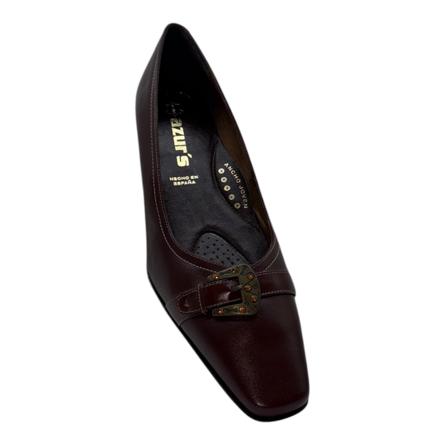 Zapatos de Tacón Bajo de Piel Burdeos con Hebilla Decorativa - Elegancia Clásica