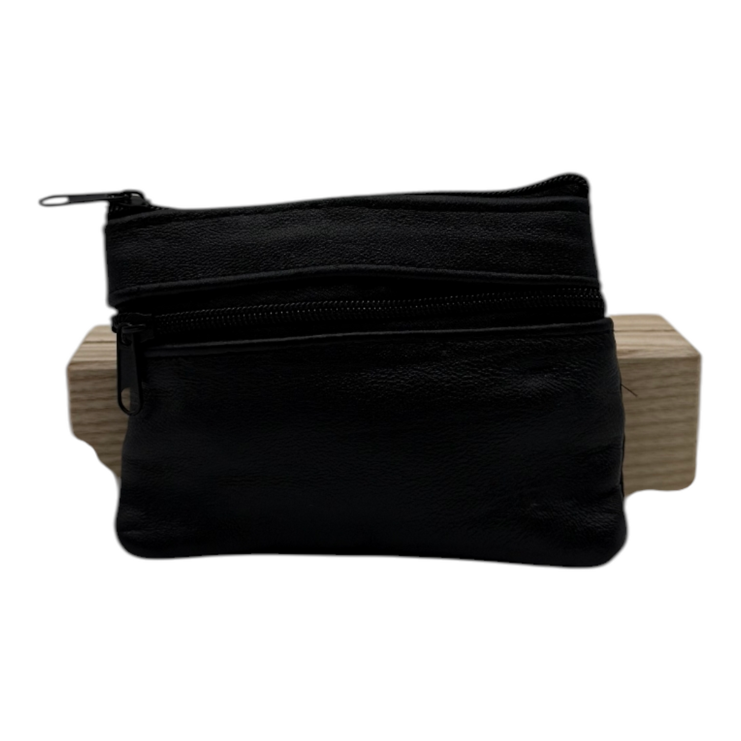 Monedero de Piel Compacto con Múltiples Cremalleras - Negro Clásico