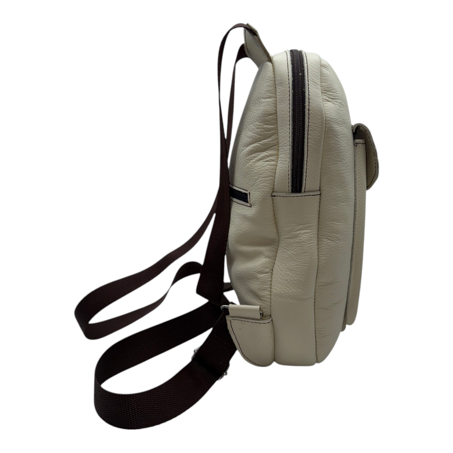 Mochila Bandolera Compacta de Cuero Genuino en Tono Crema con Bolsillo Frontal - Versatilidad Urbana