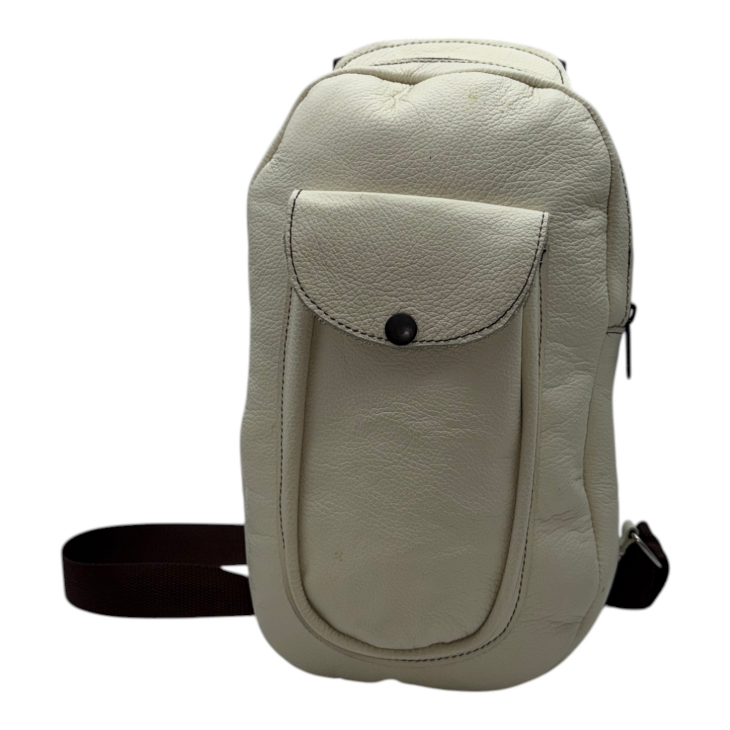 Mochila Bandolera Compacta de Cuero Genuino en Tono Crema con Bolsillo Frontal - Versatilidad Urbana