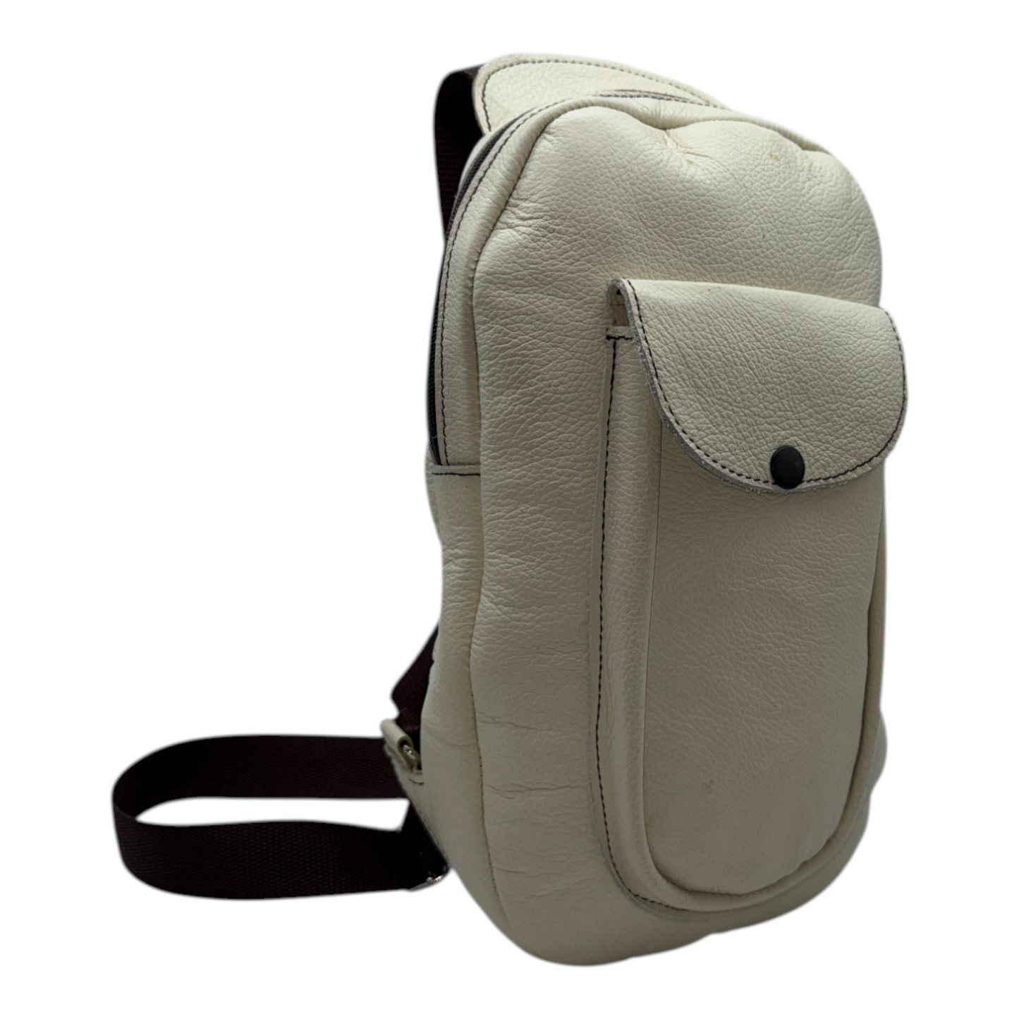 Mochila Bandolera Compacta de Cuero Genuino en Tono Crema con Bolsillo Frontal - Versatilidad Urbana