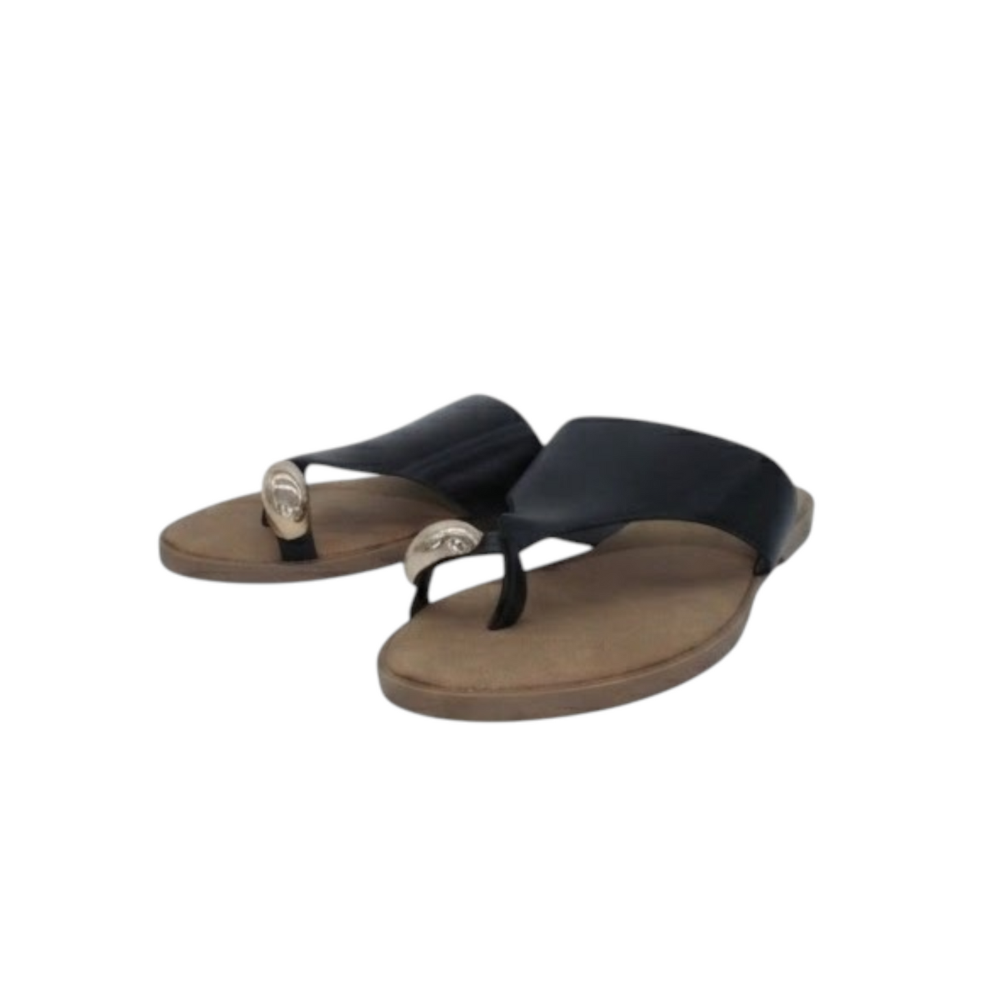 Sandalias Planas de Dedo Negras con  Esfera Dorada