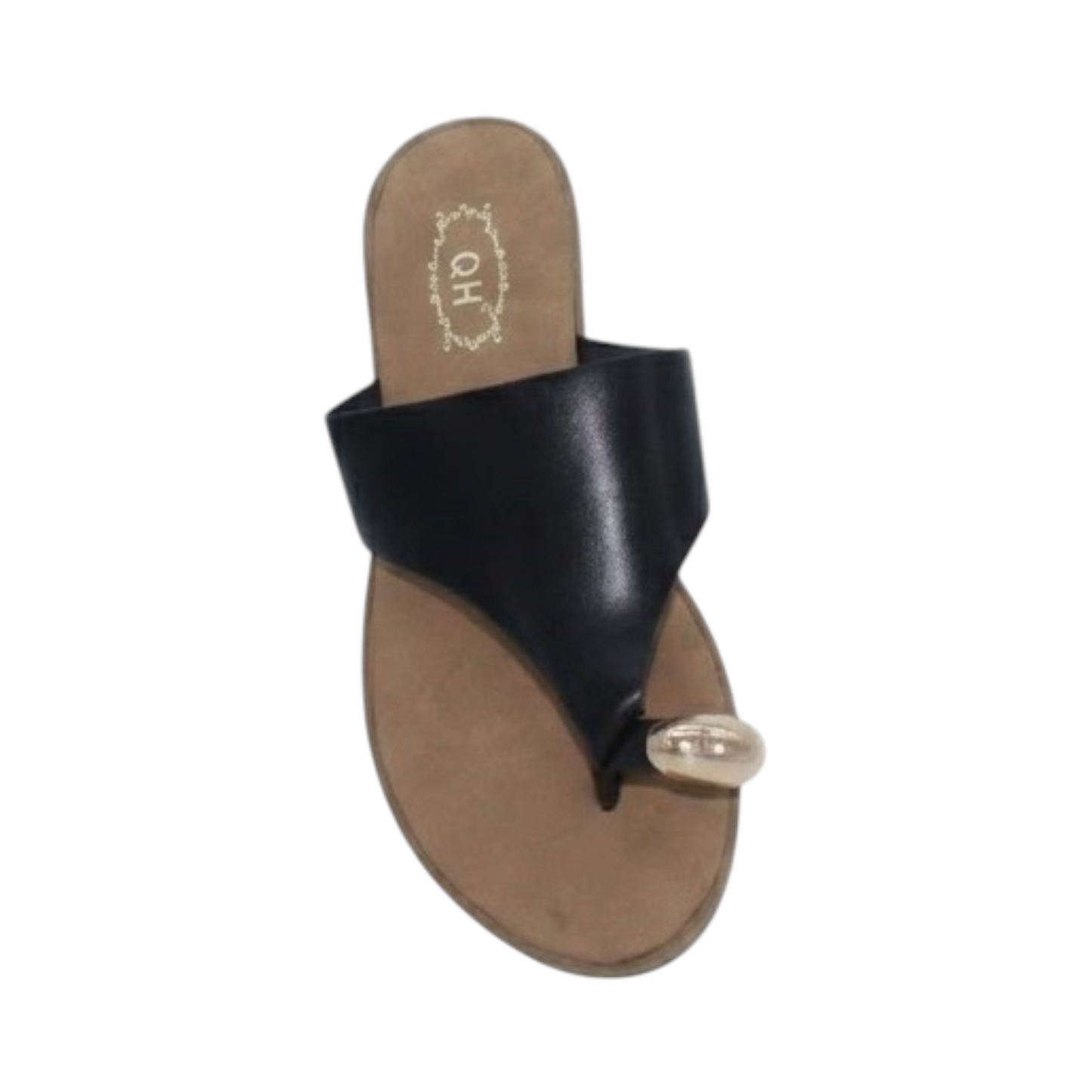 Sandalias Planas de Dedo Negras con  Esfera Dorada