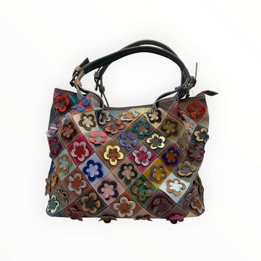 Bolso de Mano de Cuero Multicolores con Flores de Patchwork