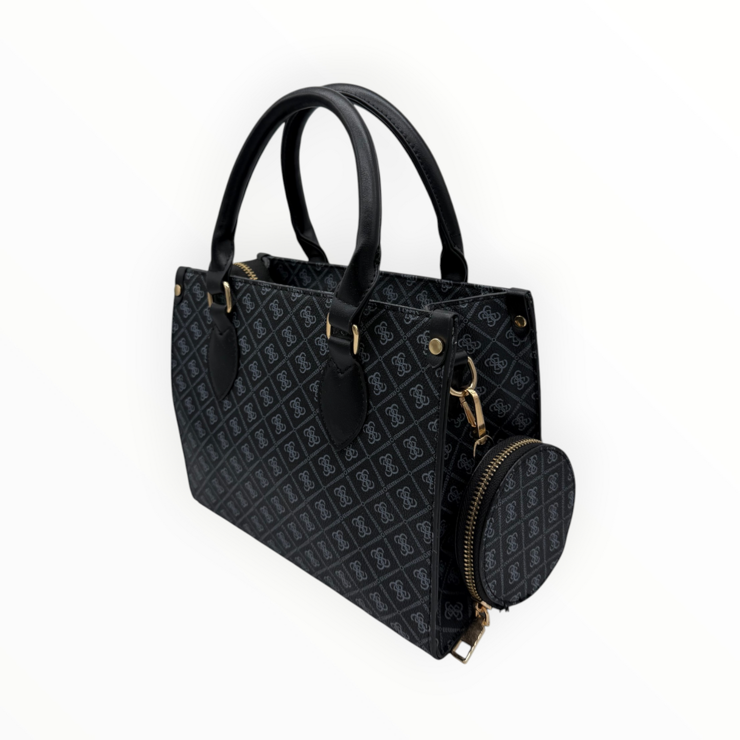 Bolso Negro Estampado con Compartimento Central y Mini Monedero