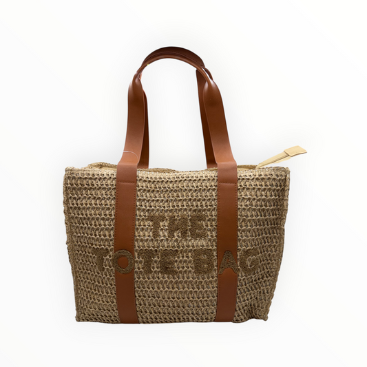 Bolso Tote de Paja Tejida "The Tote Bag" con Asas Marrones y Cremallera