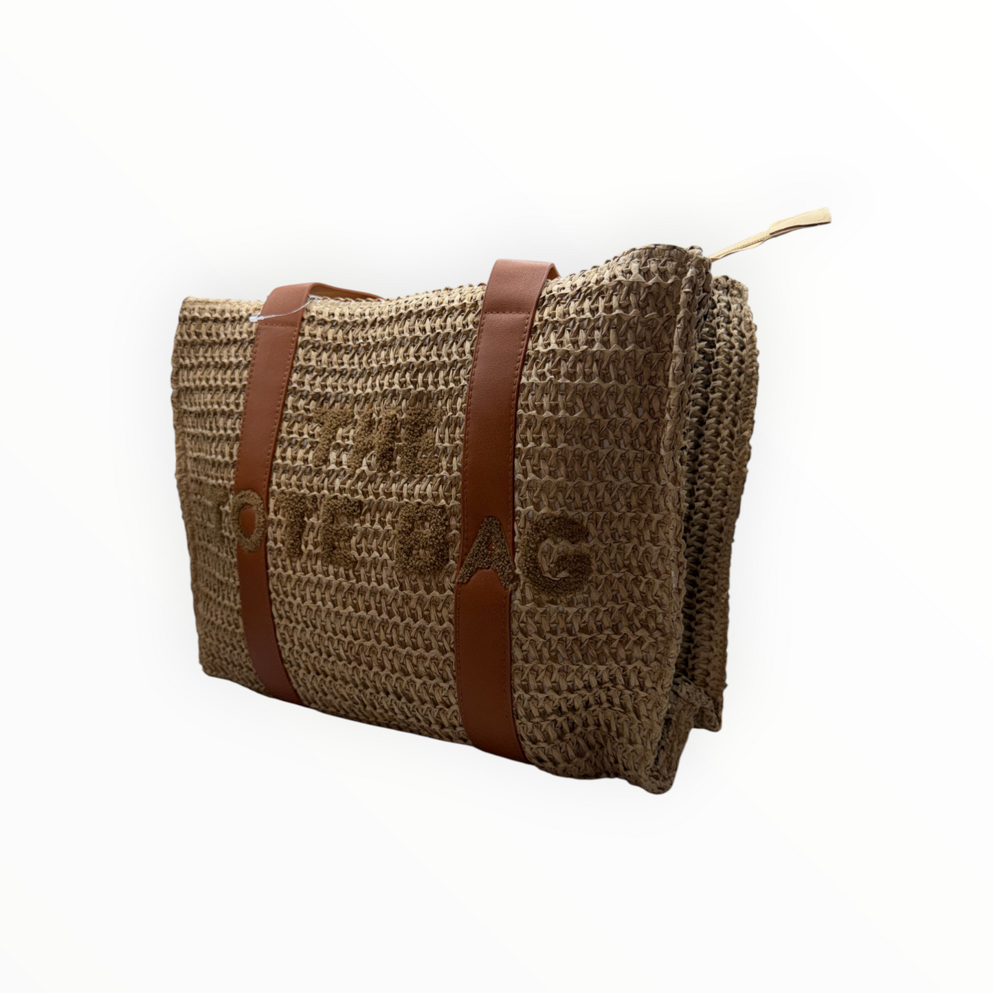 Bolso Tote de Paja Tejida "The Tote Bag" con Asas Marrones y Cremallera