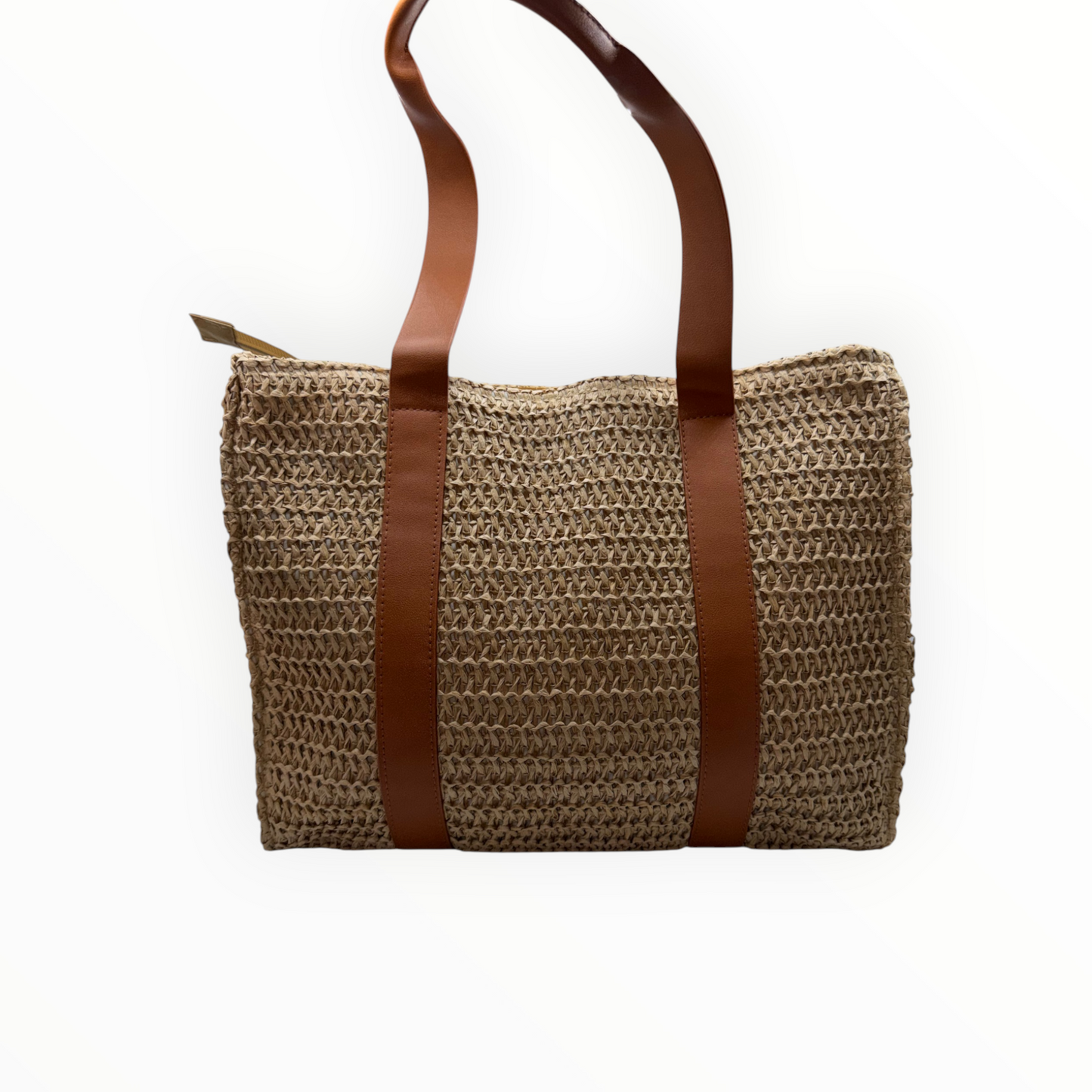 Bolso Tote de Paja Tejida "The Tote Bag" con Asas Marrones y Cremallera