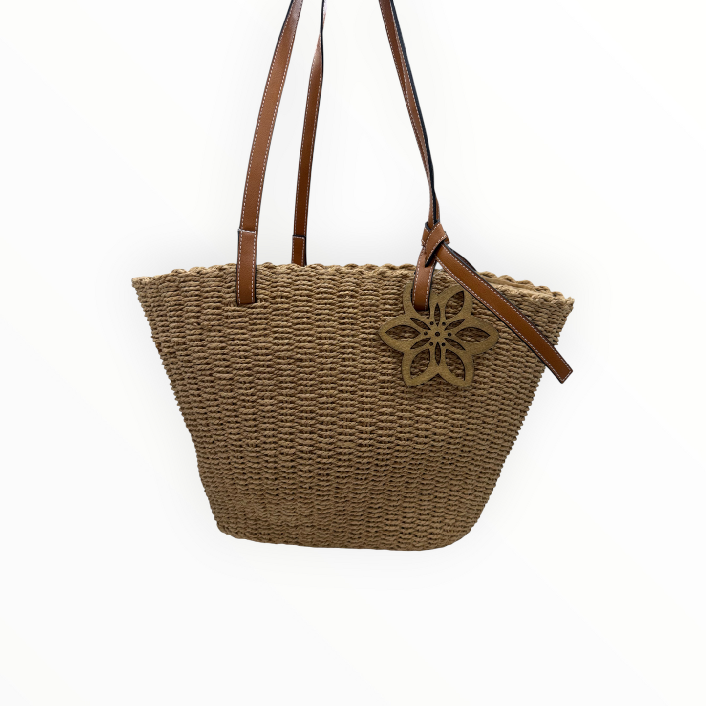 Bolso Capazo de Rafia Tejida con Asas Camel y Colgante de Flor