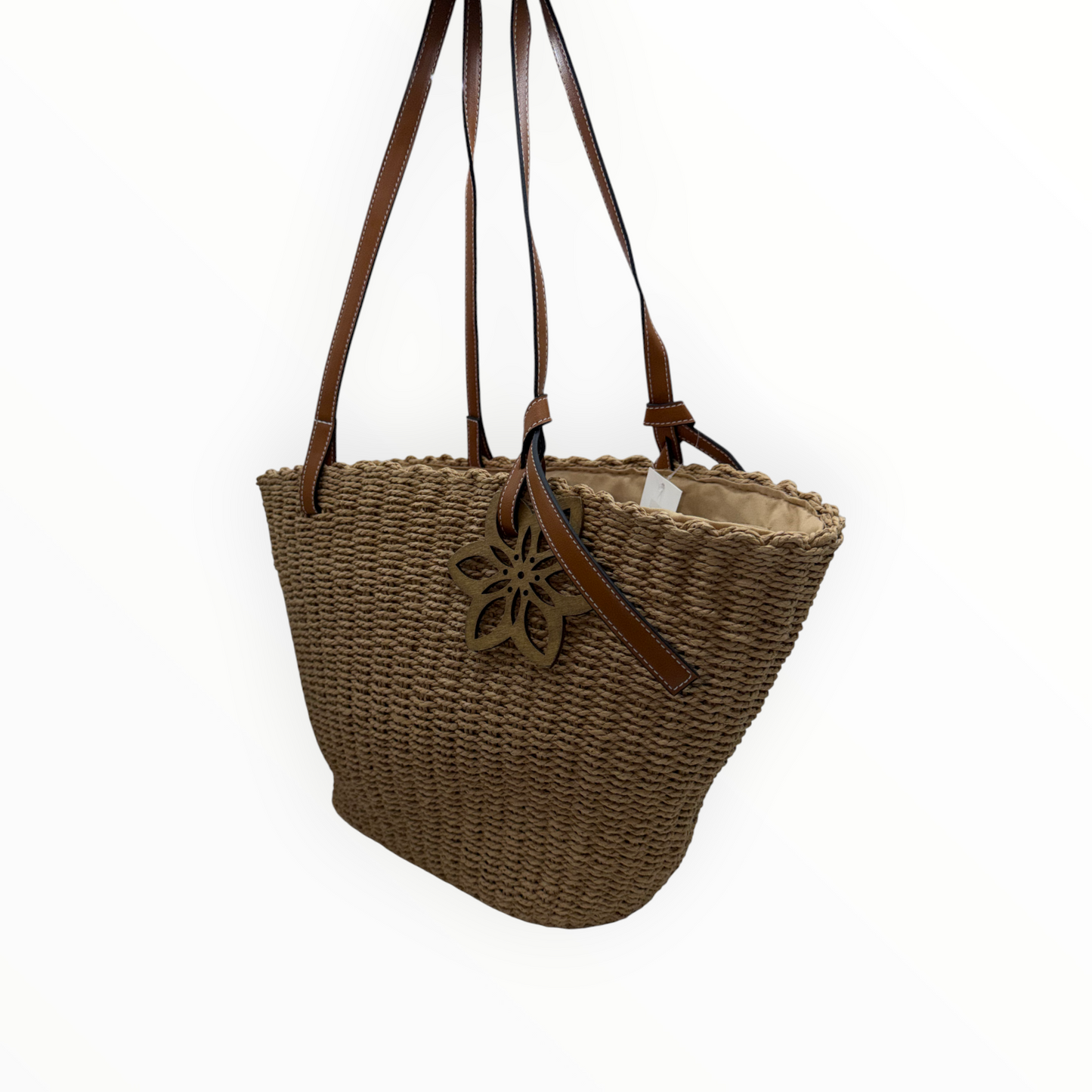 Bolso Capazo de Rafia Tejida con Asas Camel y Colgante de Flor
