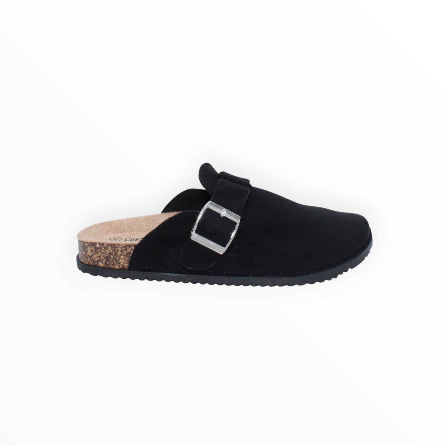 Zuecos Mules Planos Negros Estilo Ante con Hebilla Plateada