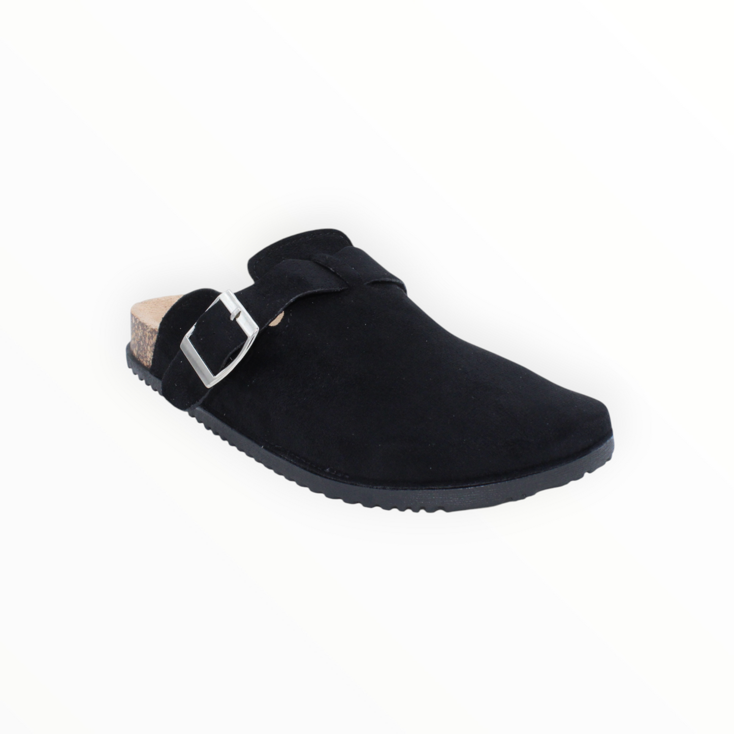 Zuecos Mules Planos Negros Estilo Ante con Hebilla Plateada