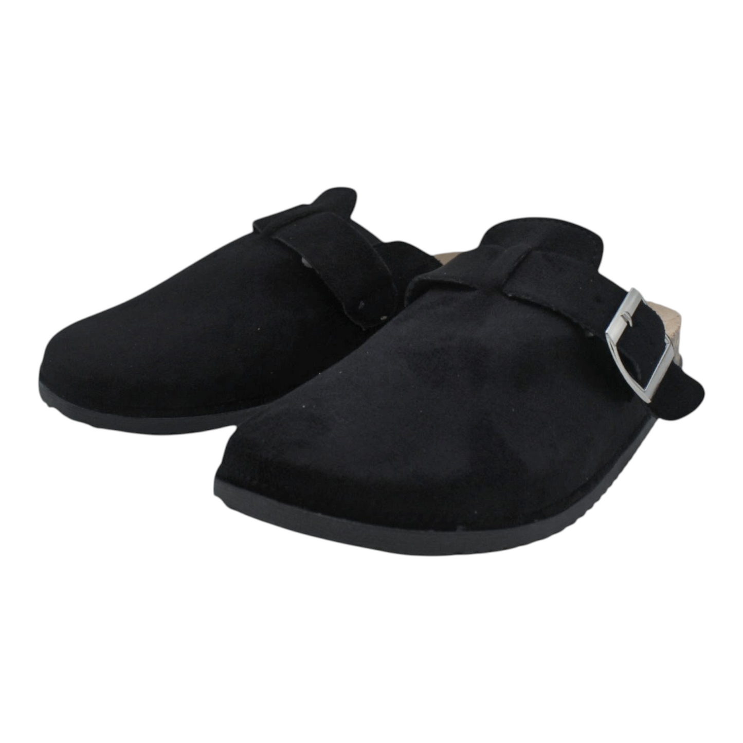 Zuecos Mules Planos Negros Estilo Ante con Hebilla Plateada