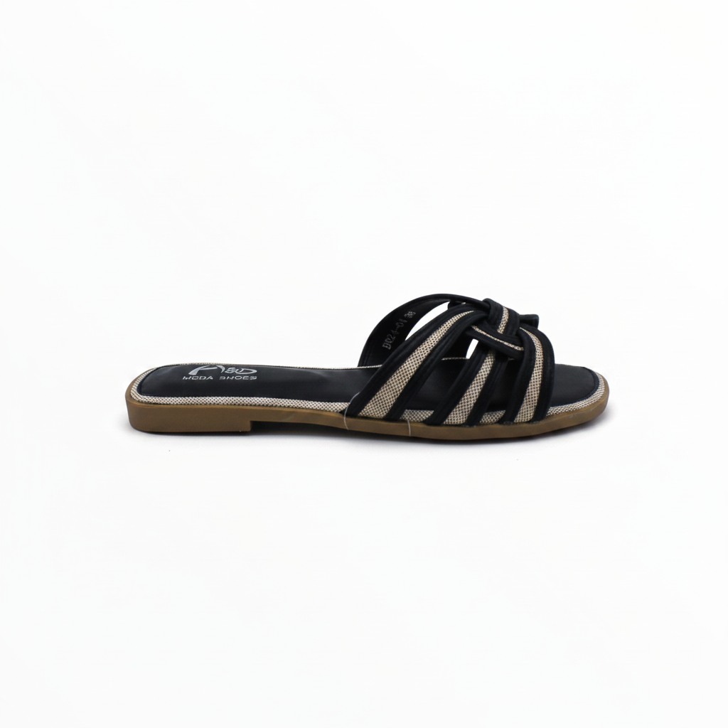 Sandalias Planas Negras con Tiras de Tejido Trenzado y Nudo