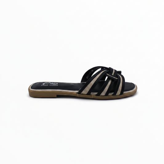 Sandalias Planas Negras con Tiras de Tejido Trenzado y Nudo