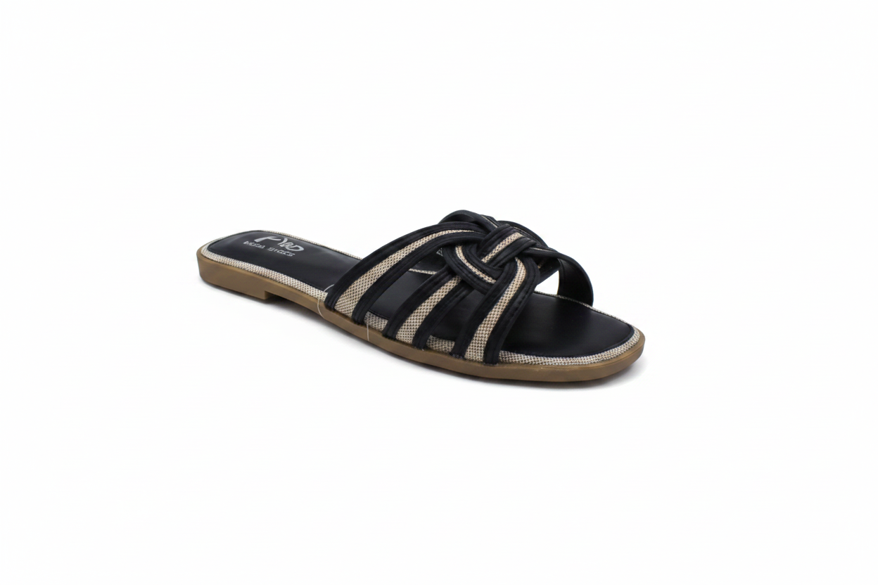 Sandalias Planas Negras con Tiras de Tejido Trenzado y Nudo