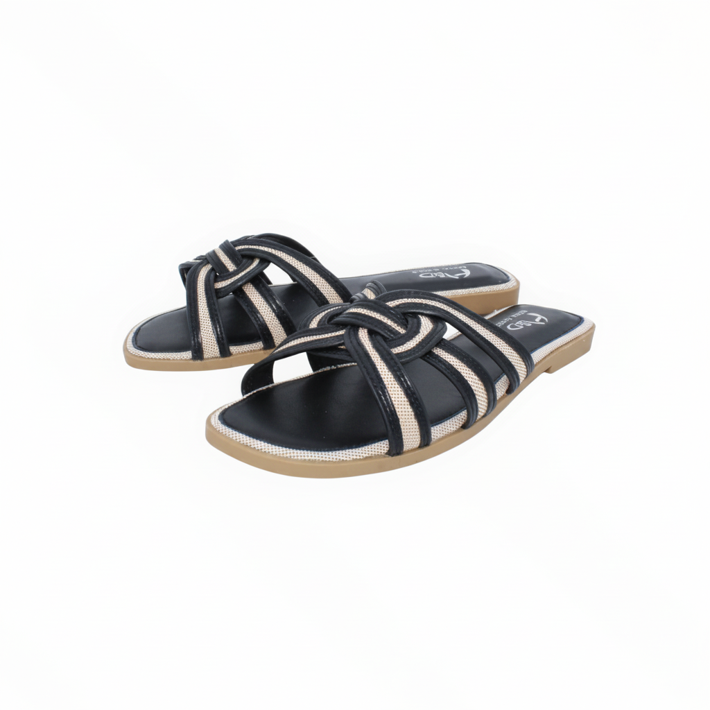 Sandalias Planas Negras con Tiras de Tejido Trenzado y Nudo