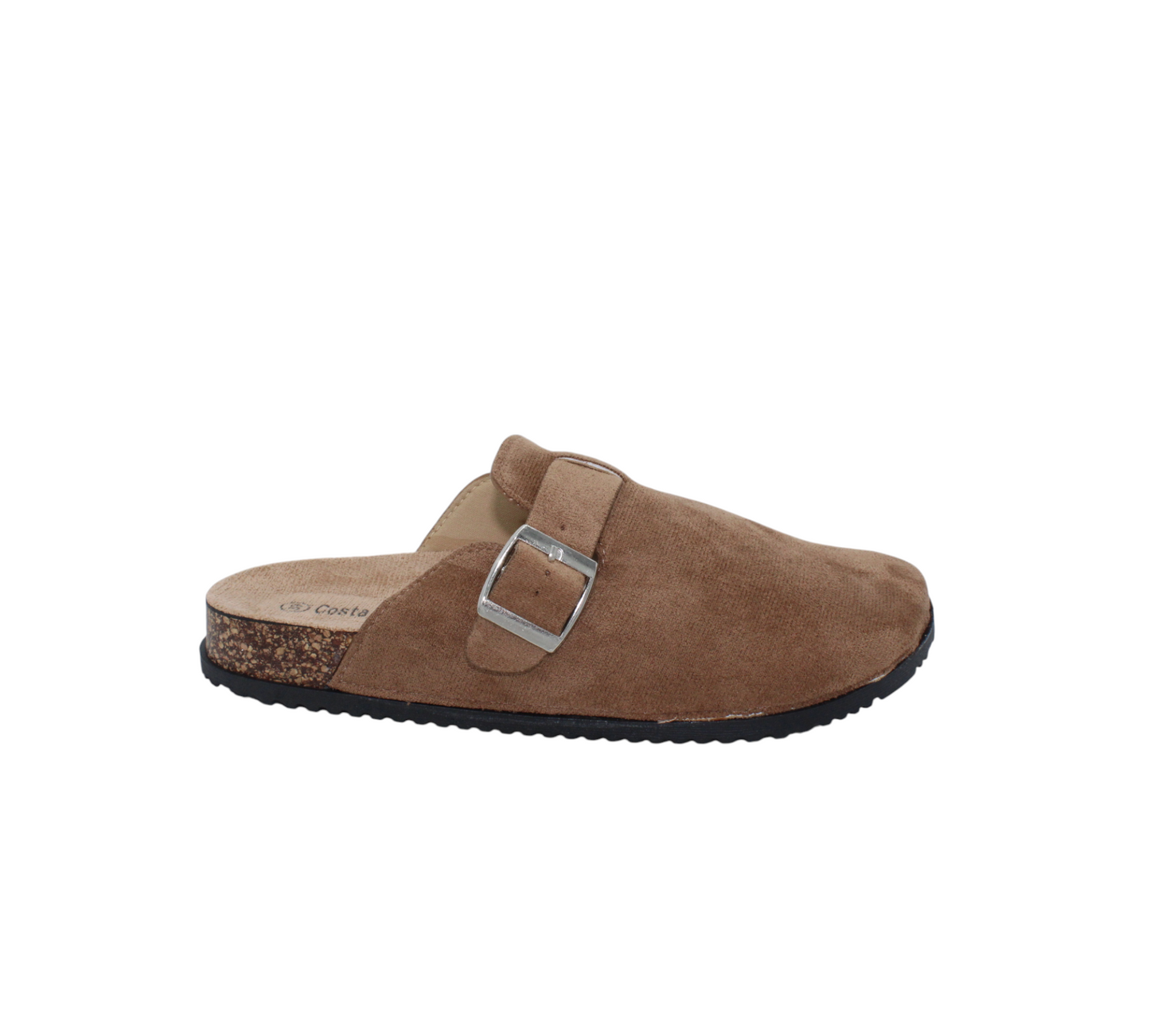 Zuecos Mules Planos Negros Estilo Ante con Hebilla Plateada