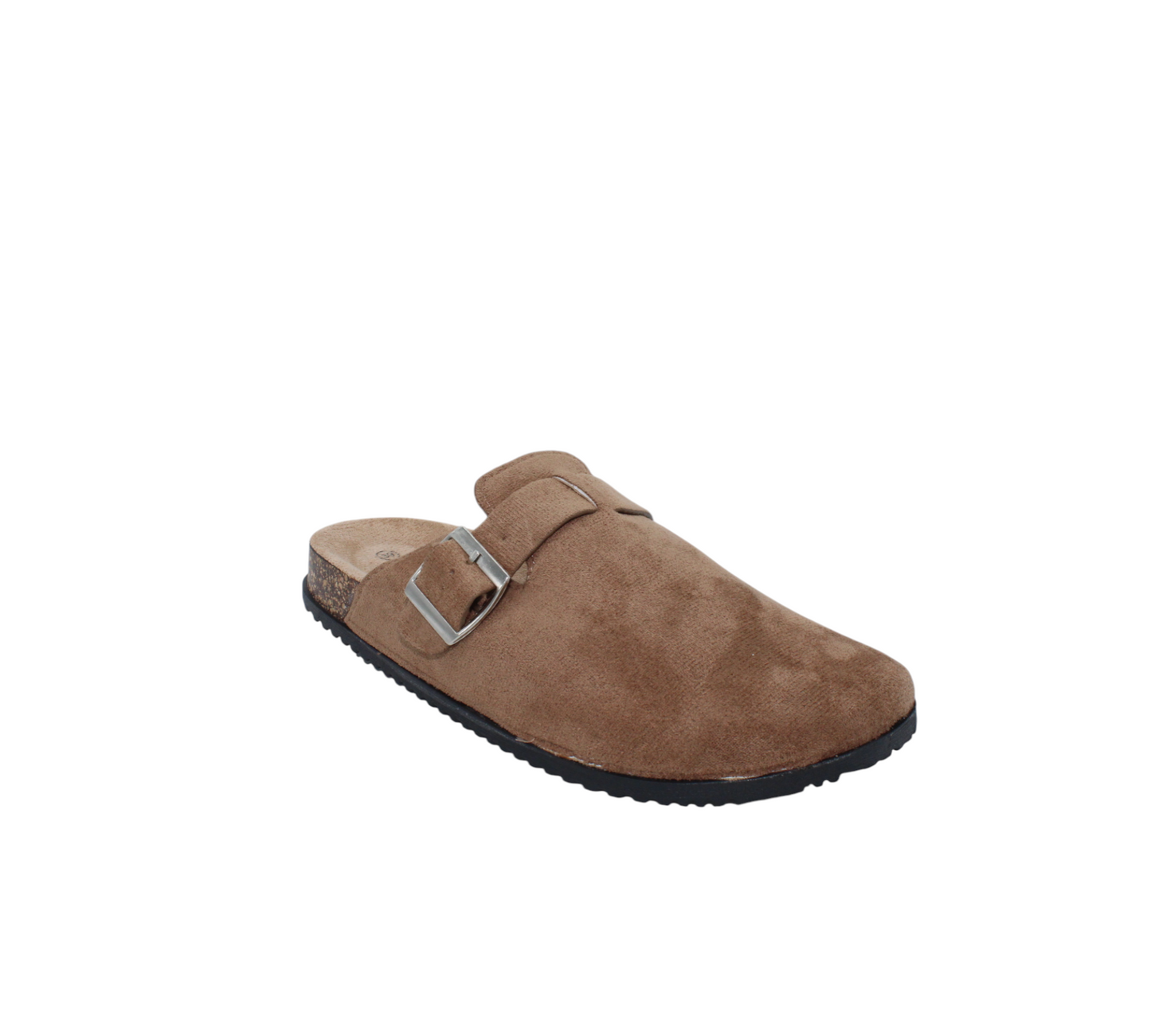 Zuecos Mules Planos Negros Estilo Ante con Hebilla Plateada