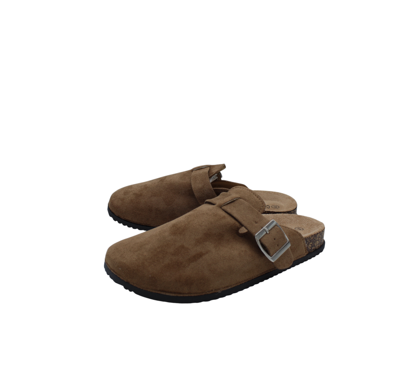 Zuecos Mules Planos Negros Estilo Ante con Hebilla Plateada