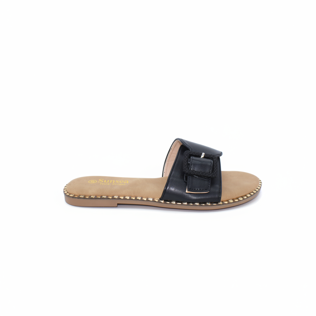 Sandalias Planas Negras Tipo Pala con Hebilla Cuadrada
