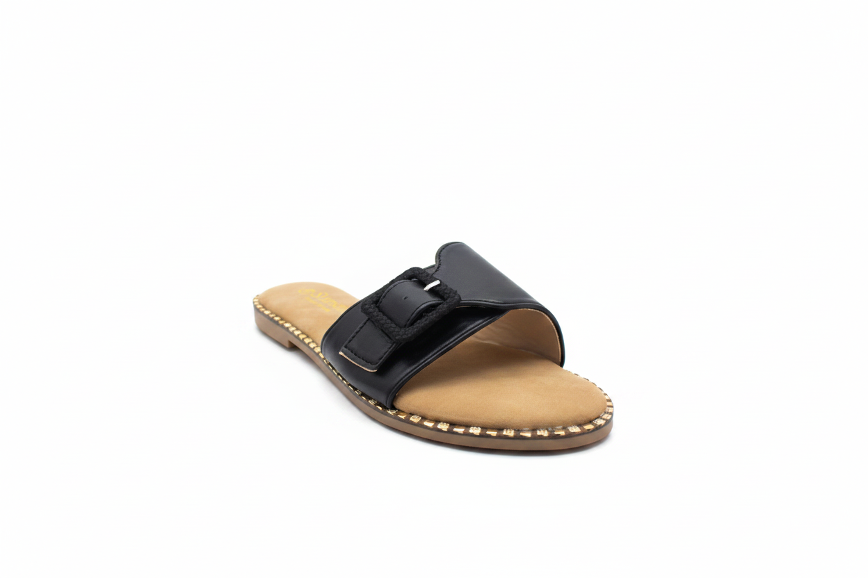 Sandalias Planas Negras Tipo Pala con Hebilla Cuadrada