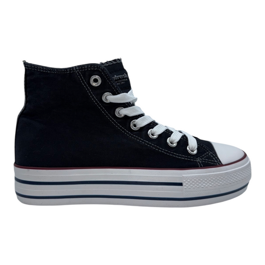 Zapatillas Altas de Lona Negra con Plataforma y Suela Rayada - Estilo Urbano y Versátil