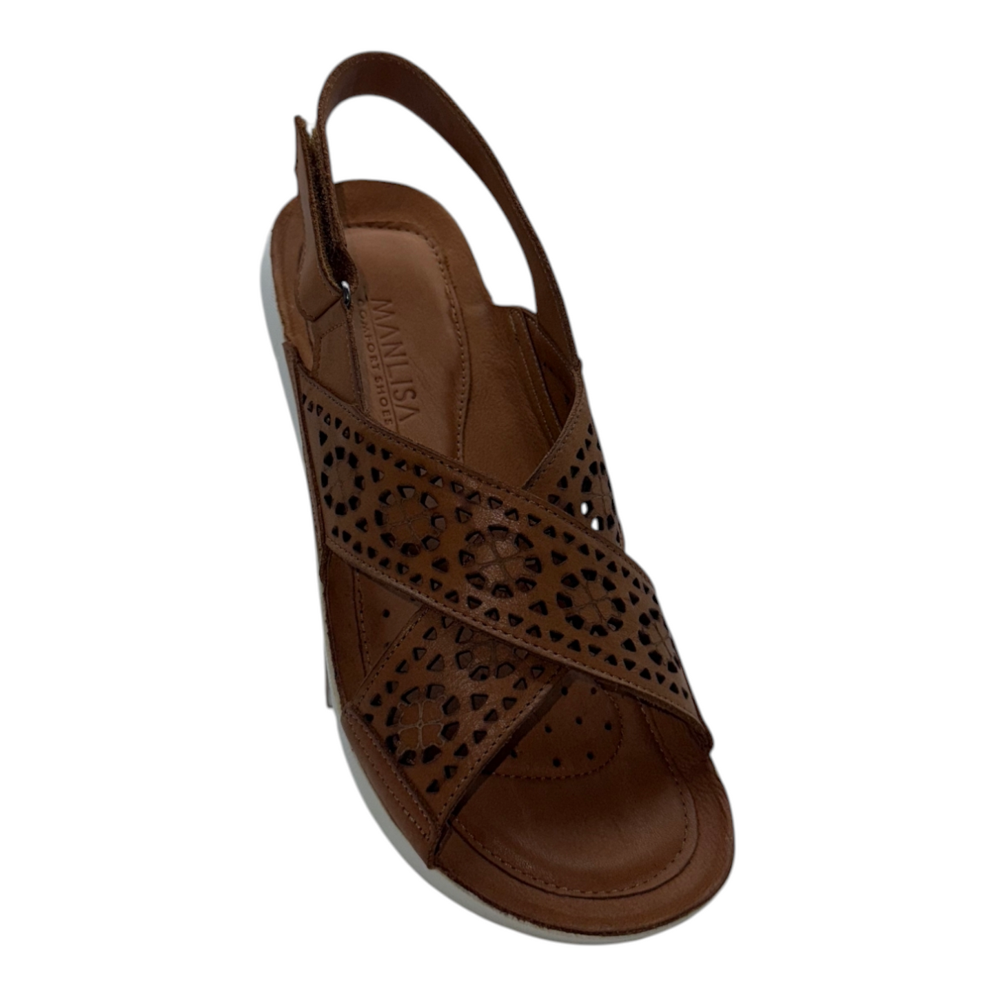 Sandalias Manlisa Comfort de Piel Camel con Troquelados Florales y Suela Blanca Ligera