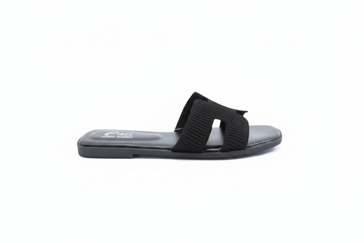 Sandalias Planas Negras con Diseño 'H' y Pala de Punto